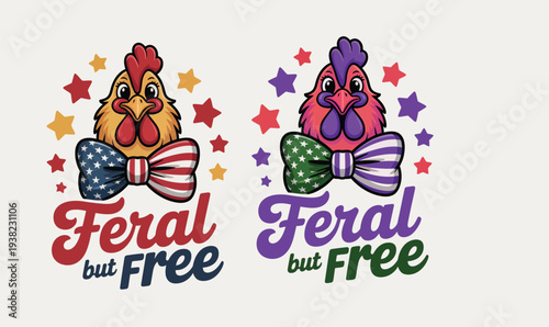 Feral but Free Patriotic Rooster Mascot Set with American Flag Bow Tie and Purple Variant