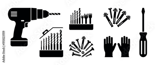 Construction tools and fasteners icons set for home improvement, repair, and building projects, illustrating various equipment.