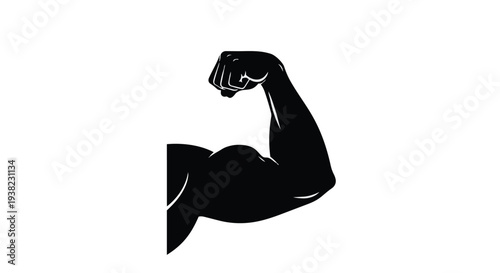 A black silhouette of a flexed arm muscle