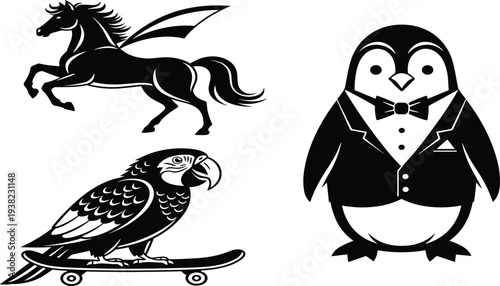 Creative silhouette illustrations of whimsical animals including Pegasus horse, parrot on skateboard, and penguin in tuxedo representing fantasy, humor, and imagination