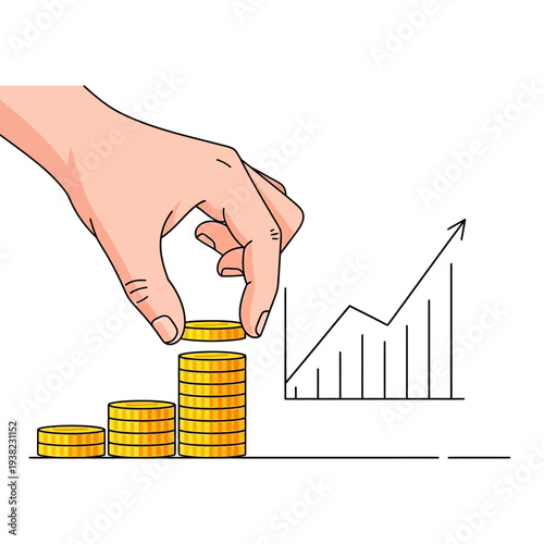 Hand stacking coins on growing chart, symbolizing investment growth and financial success