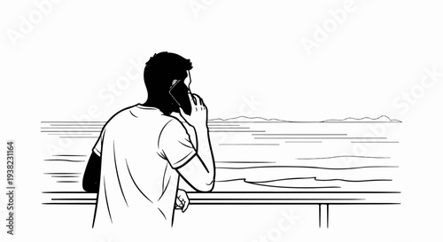 Silhouette of person on phone by water with distant hills