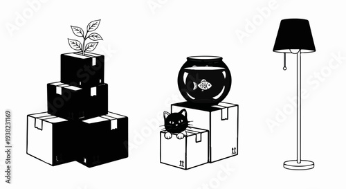 Stacked boxes with plant, cat with fishbowl on boxes, and floor lamp