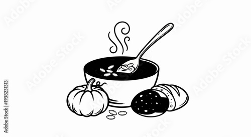 Hot soup with pumpkin and bread