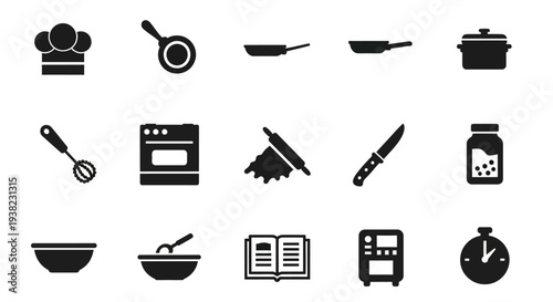Kitchen utensils and cooking equipment icons set with chef hat pan pot whisk oven rolling pin knife spice jar bowl recipe book and kitchen timer