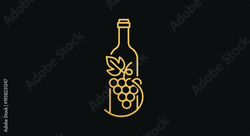 Golden line art of a wine bottle with grapes and leaves on black background