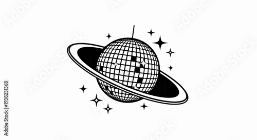 Disco ball planet with ring and stars