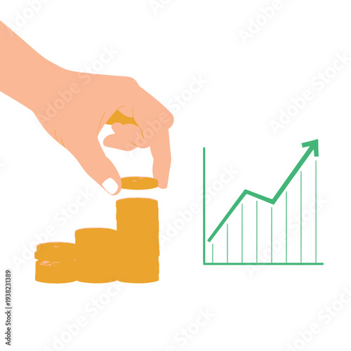 Hand stacking coins on increasing bar chart, financial growth concept