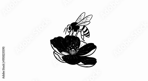 Detailed black and white illustration of a bee collecting nectar from a dark flower