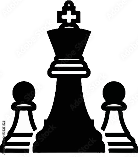 Black chess king with two pawns on white background