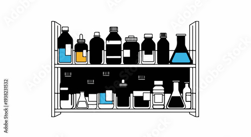 Collection of diverse laboratory containers with colored liquids on two shelves