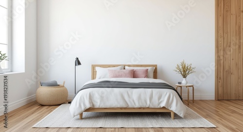 Comfortable wooden bedroom showcasing bed with cushions, carpeted hardwood floors, and a plain white wall mockup