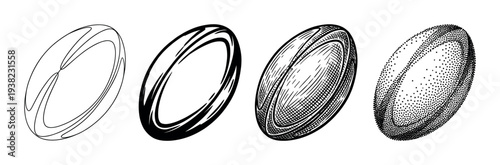 Rugby balls are depicted in a set of four distinct artistic styles, showcasing various rendering techniques.