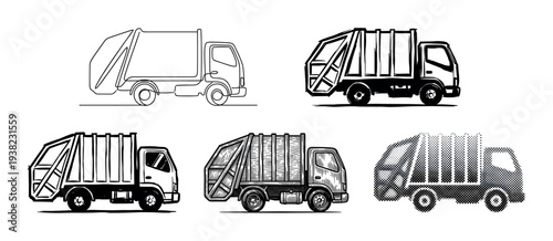 Five different styles of garbage trucks are depicted using various black and white artistic techniques and drawing methods.