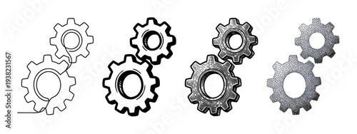 Four pairs of gears illustrated in various artistic styles, showcasing different graphic techniques for mechanical concepts and industrial design.