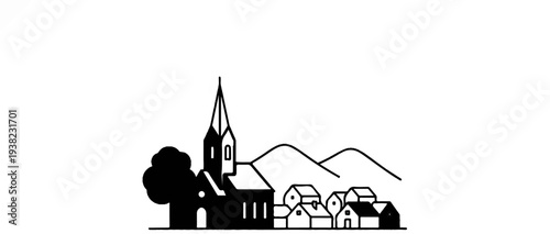 A simplified, black and white village scene with a church and hills