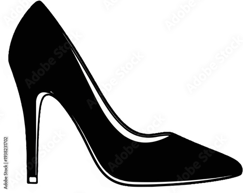 A sleek black high-heeled shoe with a pointed toe and stiletto heel