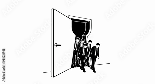 Men in suits emerge from a keyhole shaped opening