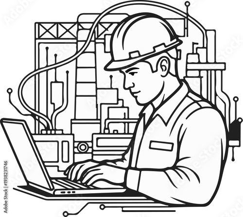Man in hard hat works on laptop with industrial background
