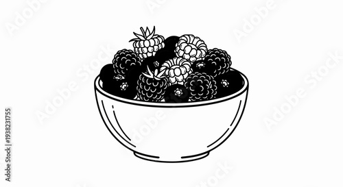 A simple black and white line drawing of a bowl filled with various berries