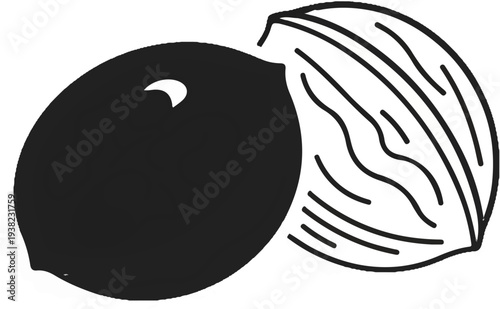 A stylized illustration of a whole and shelled nut