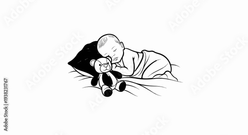 A peaceful baby naps on a pillow with a teddy bear companion