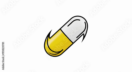 A yellow and white capsule with sharp edges is depicted against a white background