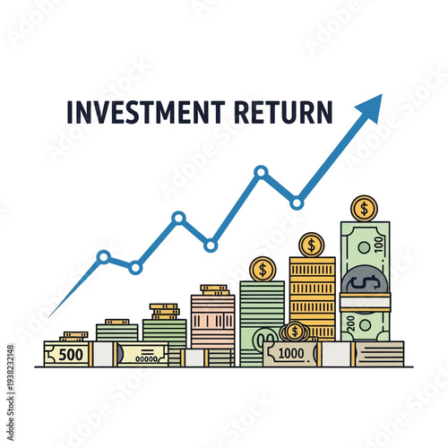 Investment return graph with money and coins, showing financial growth and profit