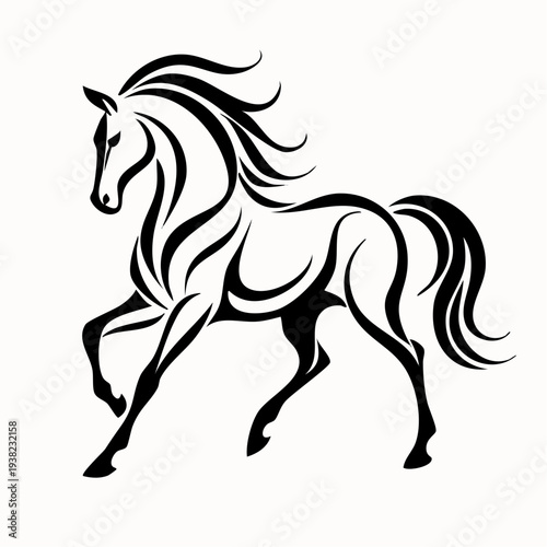 A wild black stallion silhouette vector illustration depicts a powerful mustang mammal running at full speed with a flowing mane and tail isolated on a white background for equestrian nature design