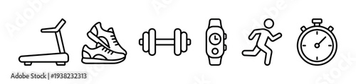 Fitness exercise equipment and activity outline icons representing various aspects of a healthy and active lifestyle.