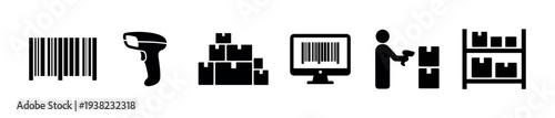 Inventory management scanning logistics supply chain process icons representing various aspects of modern warehouse operations and product tracking.