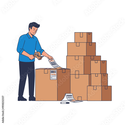 Man Packing Boxes for Shipping, Labeling Fragile Package with Tape Dispenser