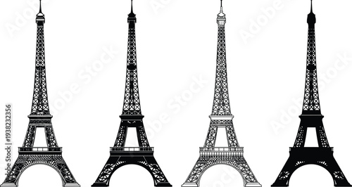 Eiffel Tower silhouette set in detailed black vector illustration isolated on white background, iconic Paris landmark architecture collection for travel and design projects