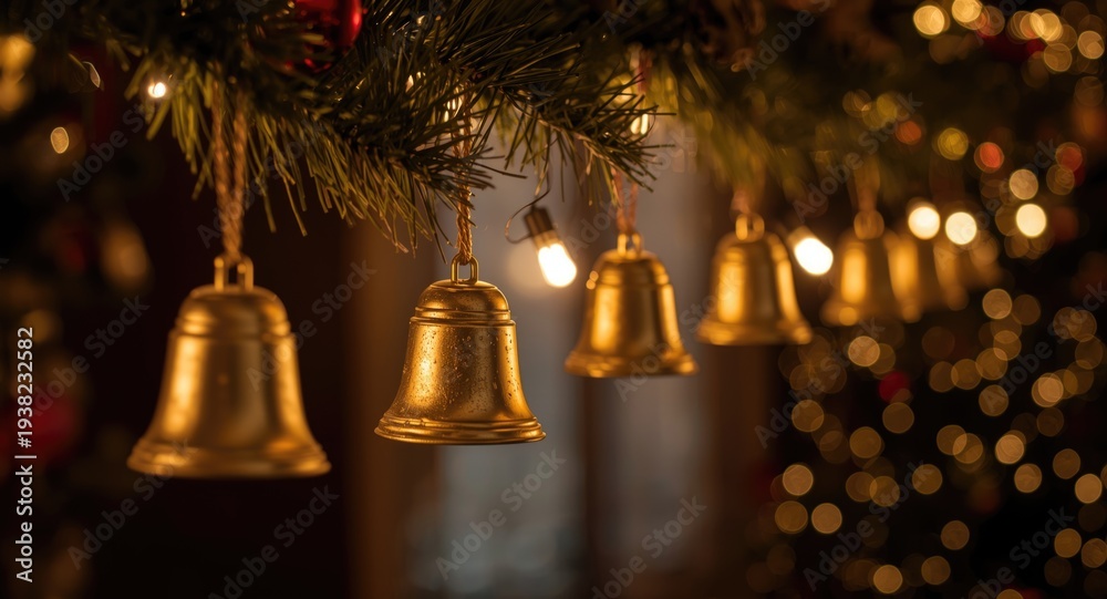 Obraz premium Charming festive setup with bright bells hanging from a decorative display for celebrations