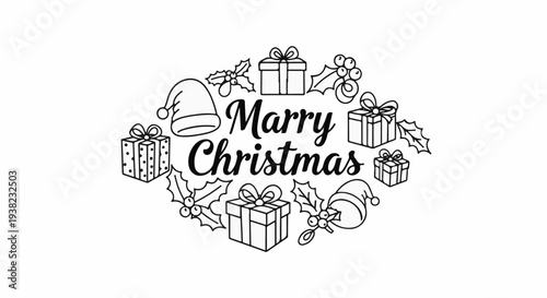 Festive holiday greeting surrounded by gifts, holly, and Santa hats