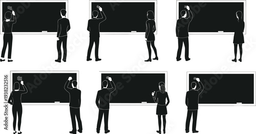 Teacher and students silhouettes writing on blackboard set, classroom education icons for school learning, academic presentation and lesson vector illustrations