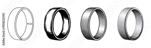 Four different styles of wedding rings illustration set showcasing various artistic techniques and textures.