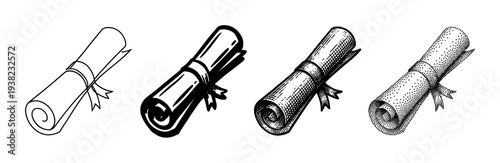 Four different styles of rolled paper scrolls tied with a ribbon, representing education and achievement.