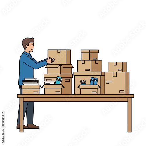 Man packing boxes on table, office supplies, moving or organizing concept
