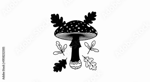 Black and white illustration of a spotted mushroom with leaves