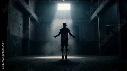 Silhouette of a Man Jumping Rope in Dark Gym