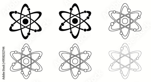 Atom Icon Set with Various Line Styles Isolated on White Background