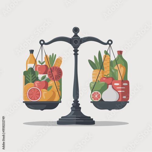 A 3d illustration of the scales of justice balancing fresh apples and gold money as a concept of law and food equality