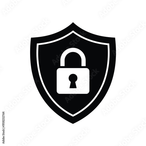 Black shield icon with a white padlock symbolizing security and protection