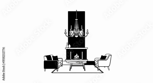 Cozy living room interior with fireplace, chandelier, and seating