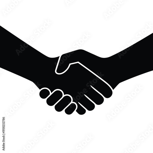 A black silhouette depicts two hands firmly shaking in agreement