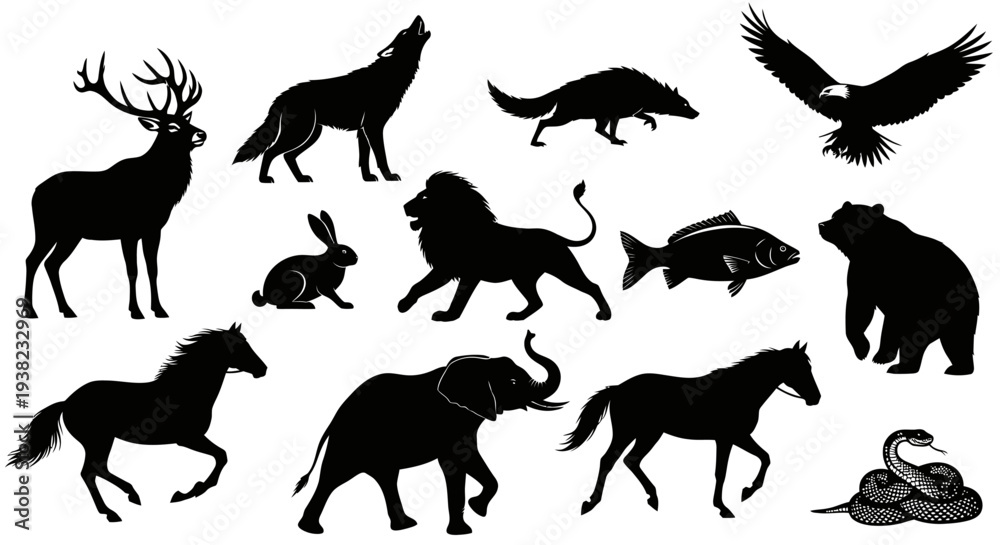 Fototapeta premium Wild Animals Silhouettes Isolated on White Background