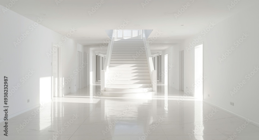 Fototapeta premium A luminous staircase stands in a bright hallway of a modern home with white floors