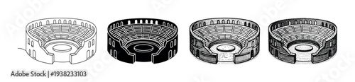 Ancient Roman amphitheater illustrations showcasing different artistic styles and historical architectural designs.