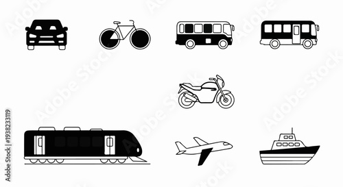 Collection of vector icons representing various modes of transport